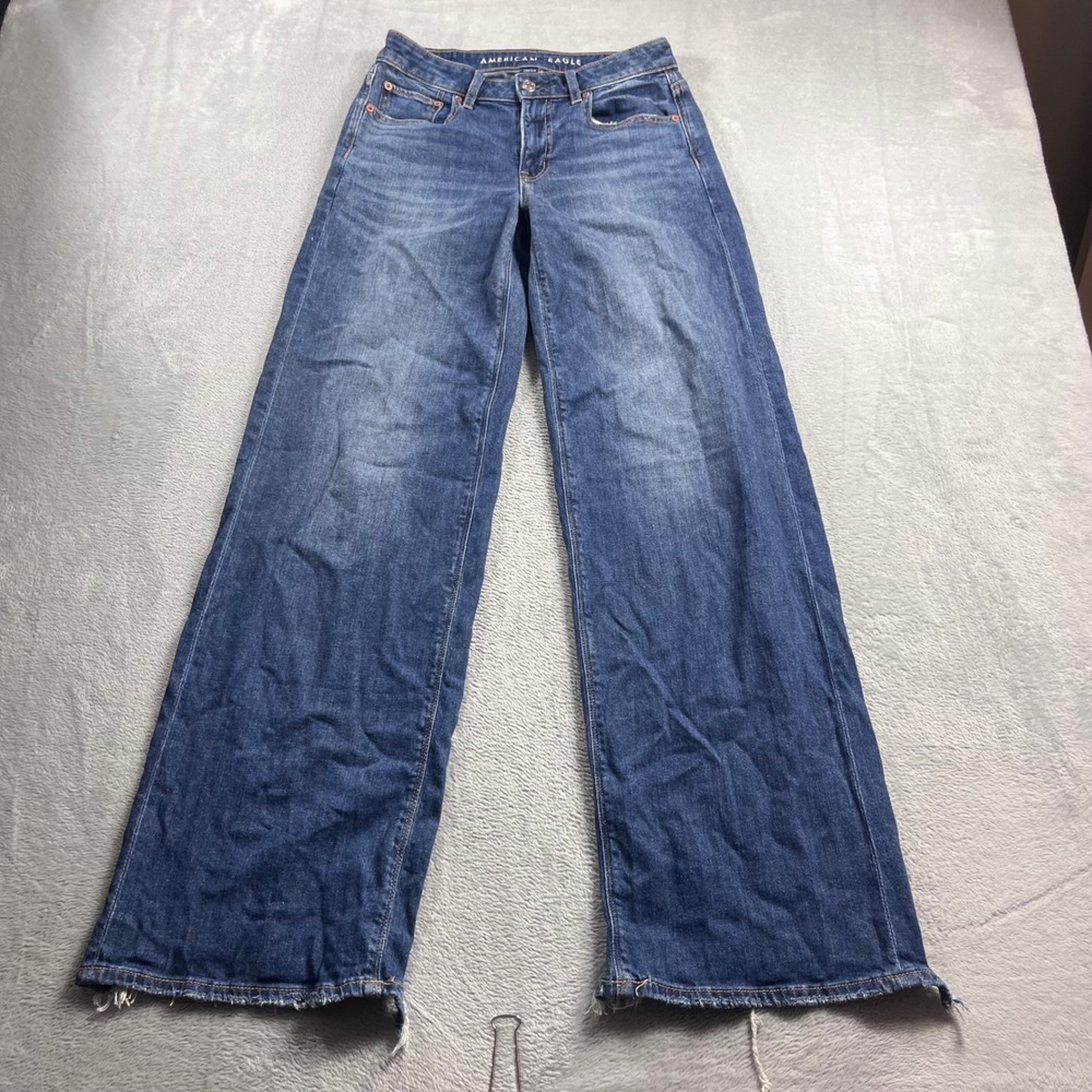 American Eagle Baggy Wide Leg Jeans Womens 00 Long Blue Stretch Raw Hem